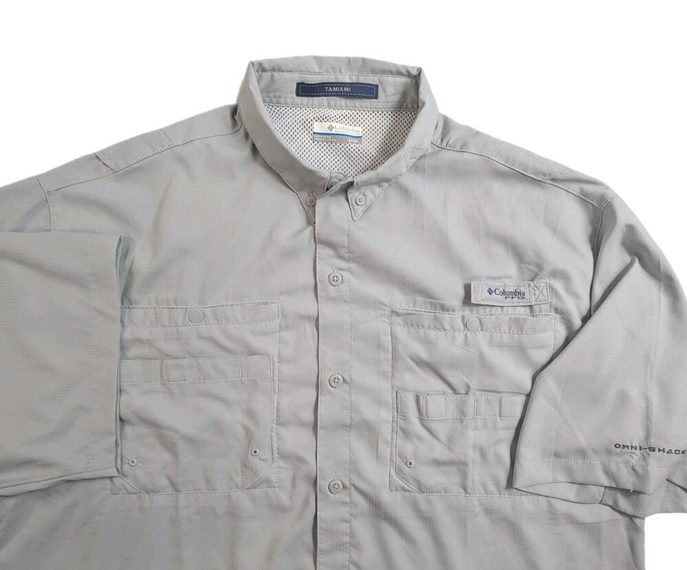 Columbia PFG Tamiami Fishing Shirt Men LT Large Tall Gray Solid Short Sleeve